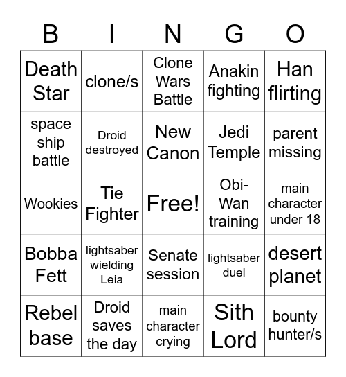 Star Wars Bingo Card