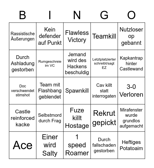 Rainbow Six Bingo Card