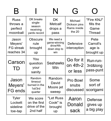 Seahawks vs Rams Bingo Card