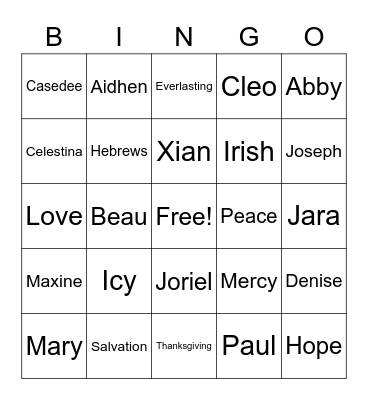 Sunday School Bingo Card