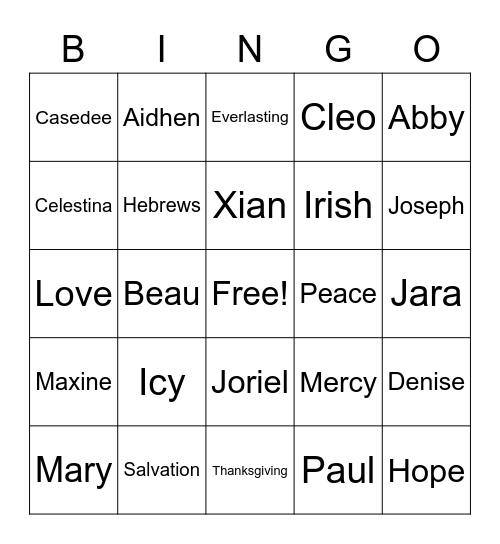 Sunday School Bingo Card
