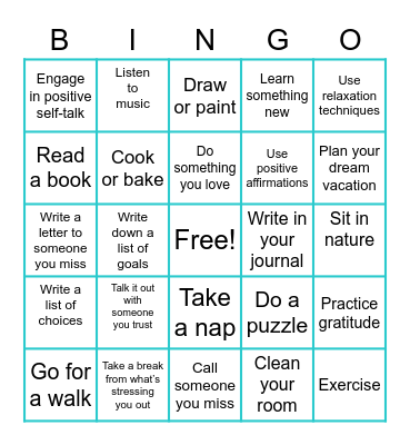 Coping Skills Bingo Card