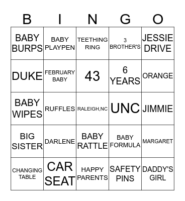 LANELLE'S BABYSHOWER Bingo Card
