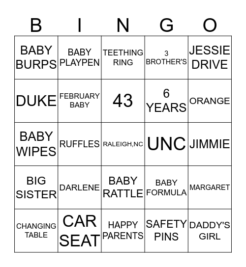 LANELLE'S BABYSHOWER Bingo Card