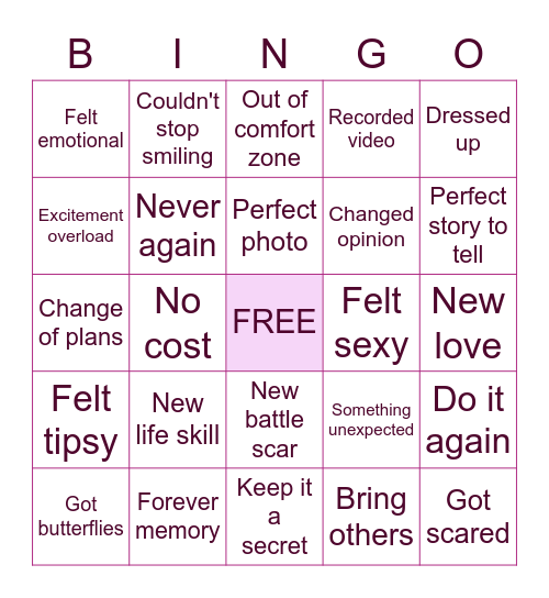 Date Night Experiences Bingo Card