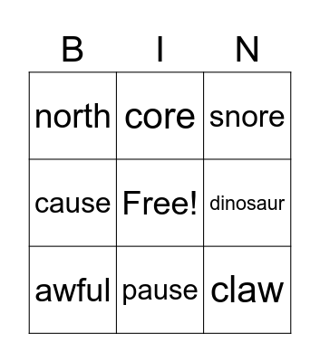 Spellings or au aw ore Bingo Card