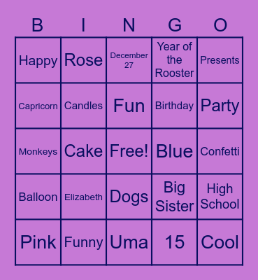 Arabella Birthday Bingo!!!!!! Bingo Card