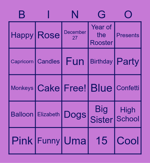 Arabella Birthday Bingo!!!!!! Bingo Card