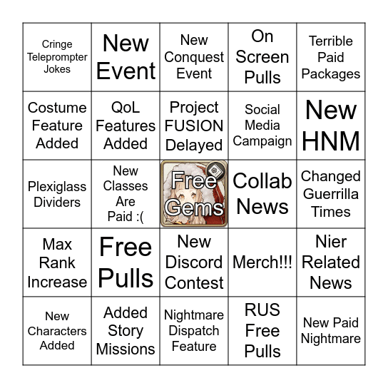 SINoALICE 6-Month Livestream Bingo Card