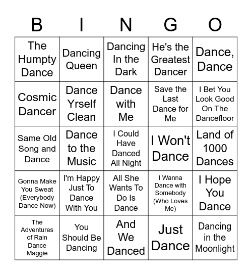 Songs With Dance Bingo Card