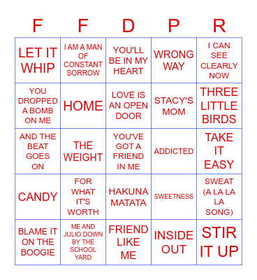 FUNK, FOLK, DISNEY, PUNK, REGGAE Bingo Card