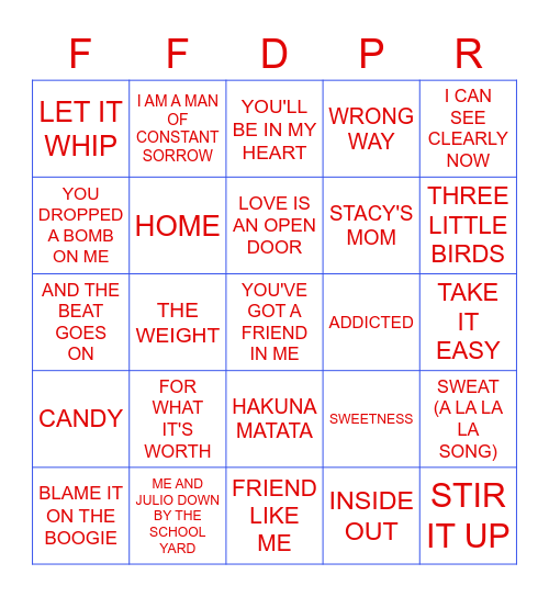 FUNK, FOLK, DISNEY, PUNK, REGGAE Bingo Card