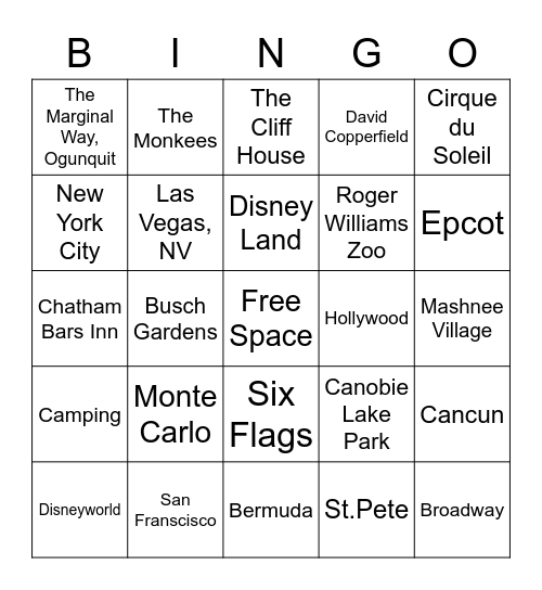 Oh the Places We Have Been... Bingo Card