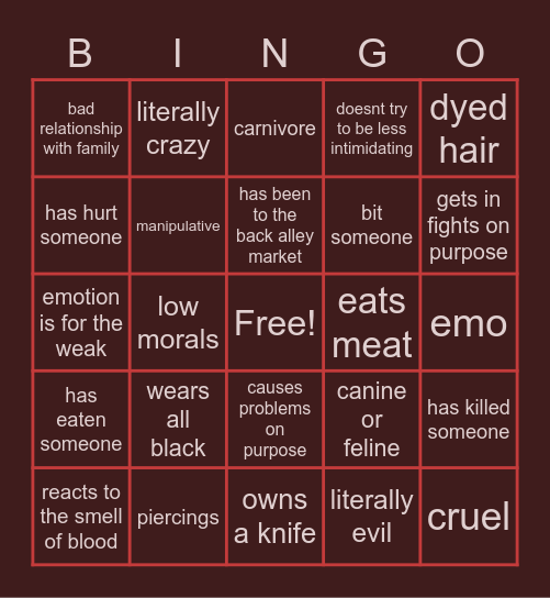 Endearingly Edgy OC Club Bingo Card