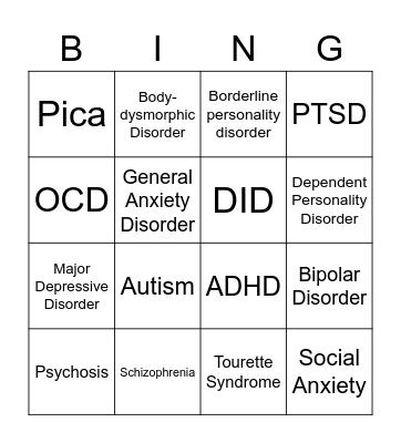 Allister Mental Illness/Disorder Bingo Card