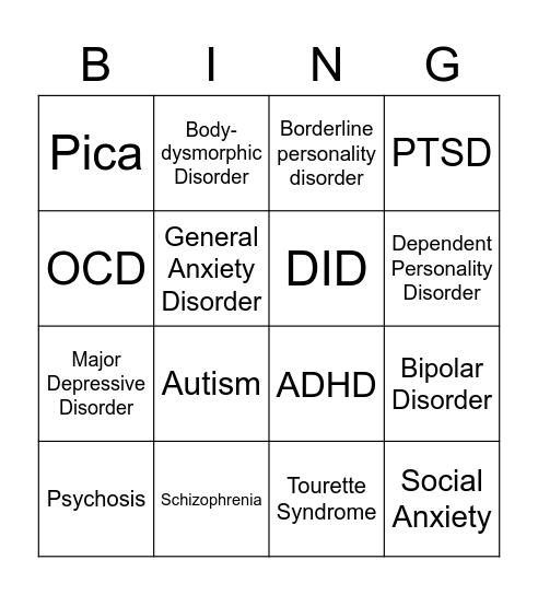 Allister Mental Illness/Disorder Bingo Card