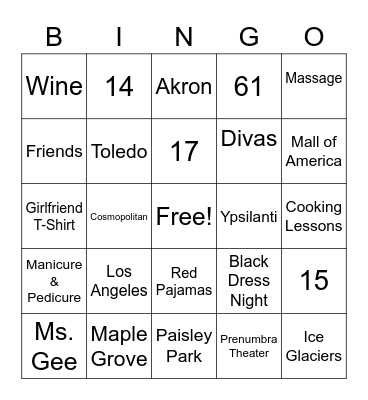 Girlfriends PJ Bingo Card