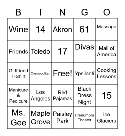 Girlfriends PJ Bingo Card