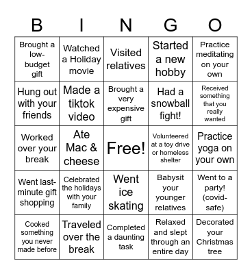 Let's Catch up During the Winter Holidays Bingo Card