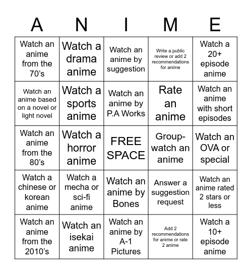 AP's Anime Bingo Challenge Winter 2021 Bingo Card