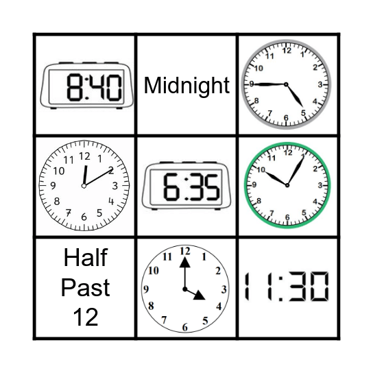 Telling Time Bingo Card