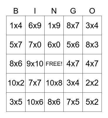 Multiplication Fluency Bingo Card