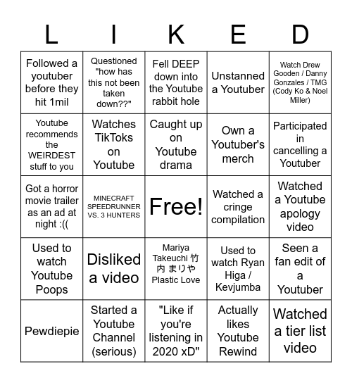 YOUTUBE BINGO EWW Bingo Card