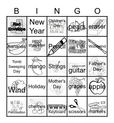 Holidays and musical instruments Bingo Card