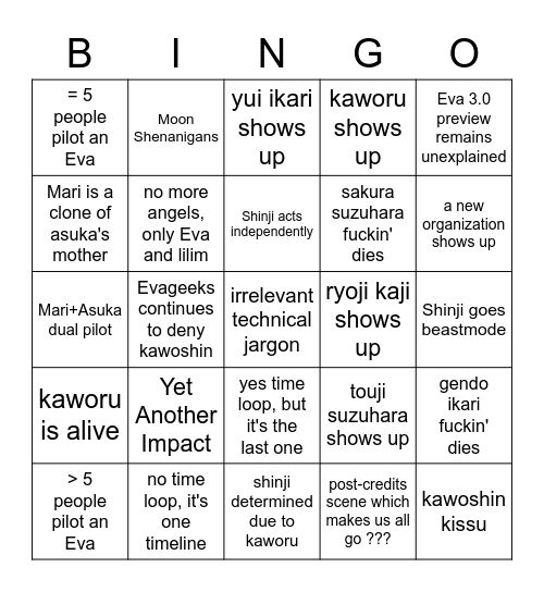 Eva 3.0+1.0 Bingo Card