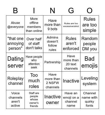 Bad Discord server bingo Card