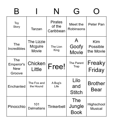 Childhood Disney Bingo Card