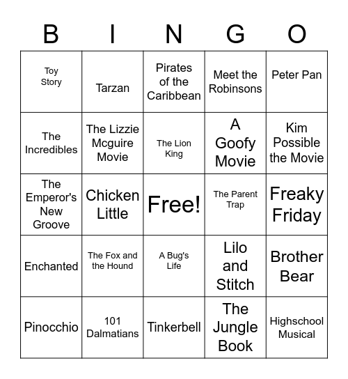 Childhood Disney Bingo Card