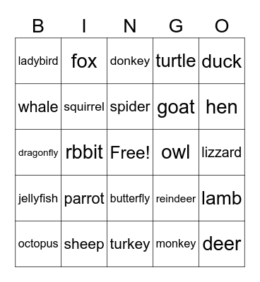 Animals Bingo Card