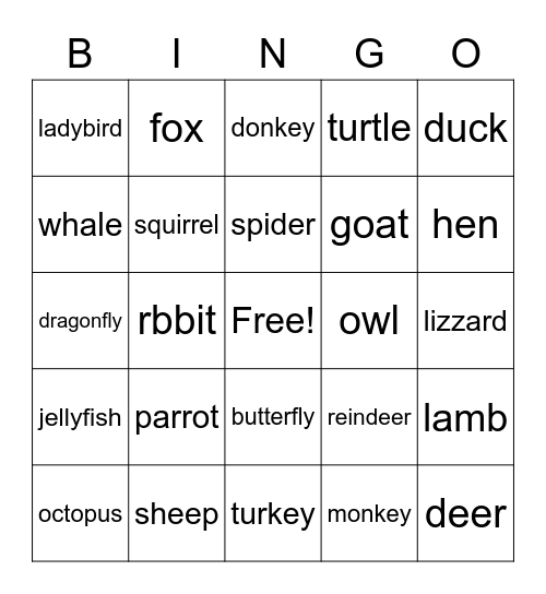 Animals Bingo Card