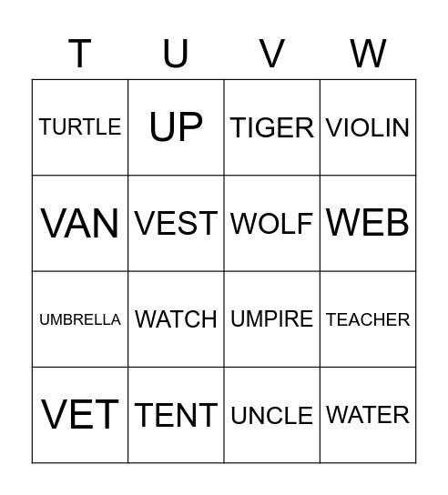 PHONICS Bingo Card