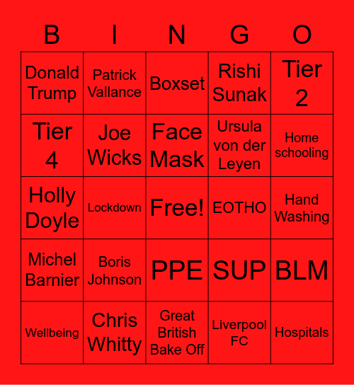 Oliver's 2020 Bingo Card