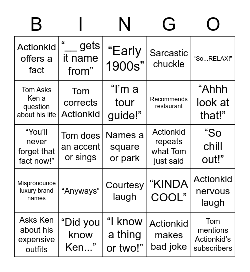 TomDNYC with Actionkid Bingo Card