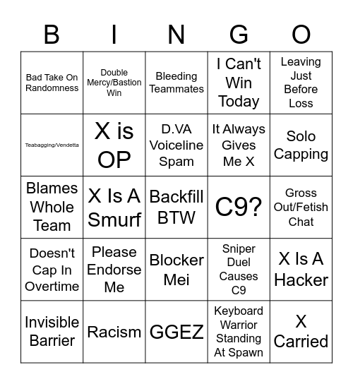 Overwatch Toxicity (Mystery Heroes) Bingo Card