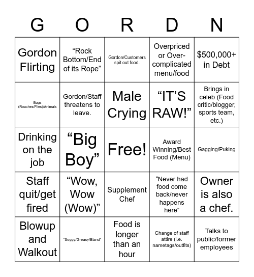 Gordon Bingo Card