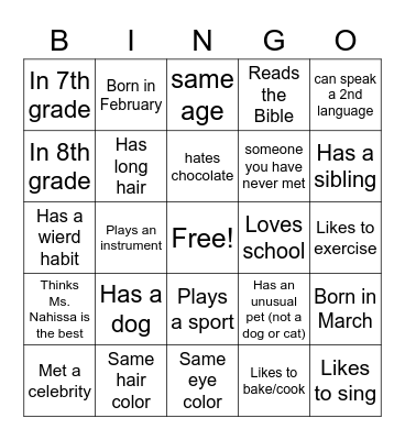 JOURNEY STUDENT BINGO Card