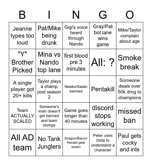 League 10 Man Bingo Card