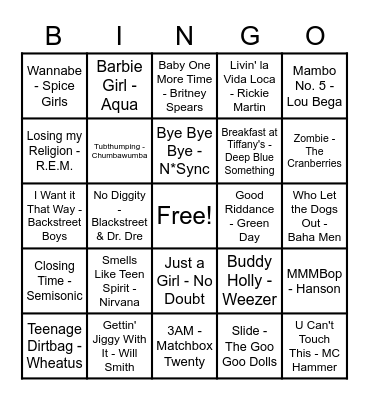 90s Musical Bingo Card