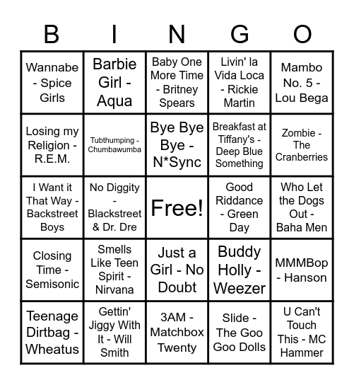 90s Musical Bingo Card