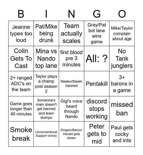 League 10 Man Bingo Card