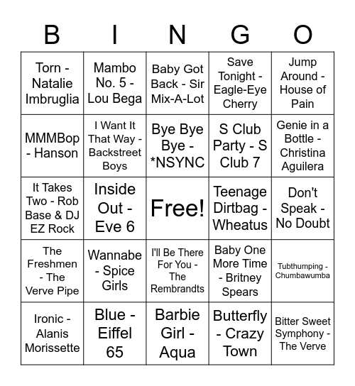 90s Music Bingo! Bingo Card