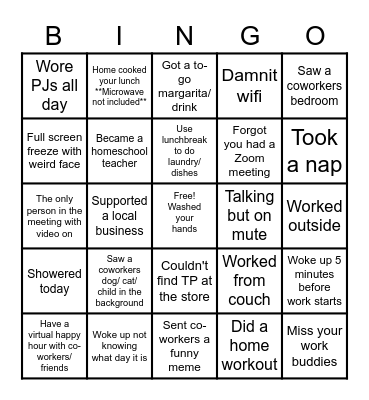 Working from Home Bingo Card