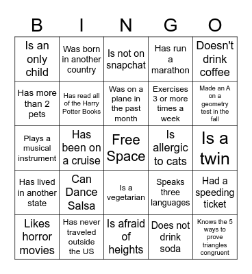 Get To Know You Bingo Card