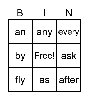 Sight Words Set 1 Bingo Card