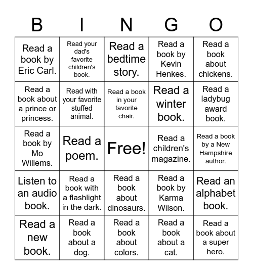 Pre-reader Bingo Card