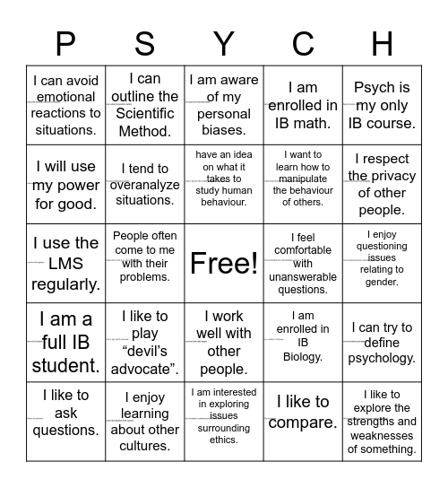 Psych-O Bingo Card